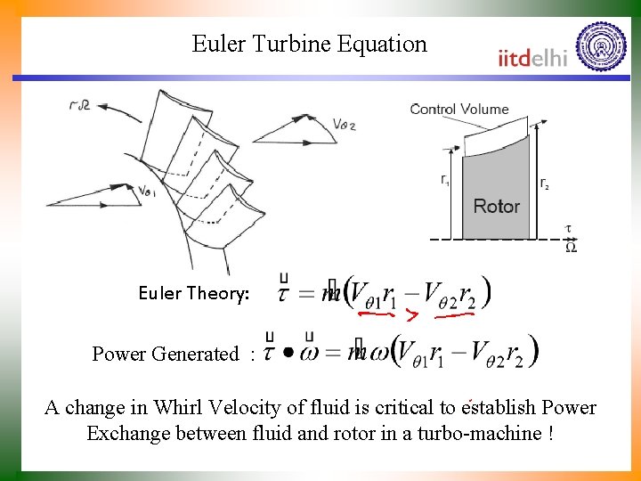 Euler Turbine Equation Euler Theory: Power Generated : A change in Whirl Velocity of