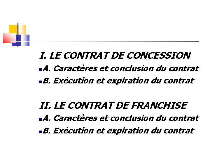 I. LE CONTRAT DE CONCESSION A. Caractères et conclusion du contrat B. Exécution et