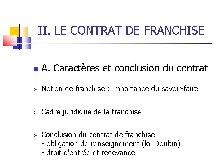 II. LE CONTRAT DE FRANCHISE A. Caractères et conclusion du contrat Notion de franchise