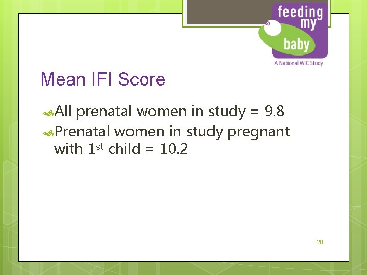 Mean IFI Score All prenatal women in study = 9. 8 Prenatal women in