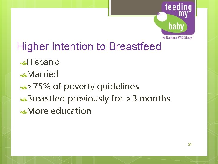 Higher Intention to Breastfeed Hispanic Married >75% of poverty guidelines Breastfed previously for >3