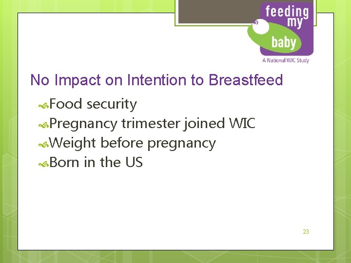 No Impact on Intention to Breastfeed Food security Pregnancy trimester joined WIC Weight before