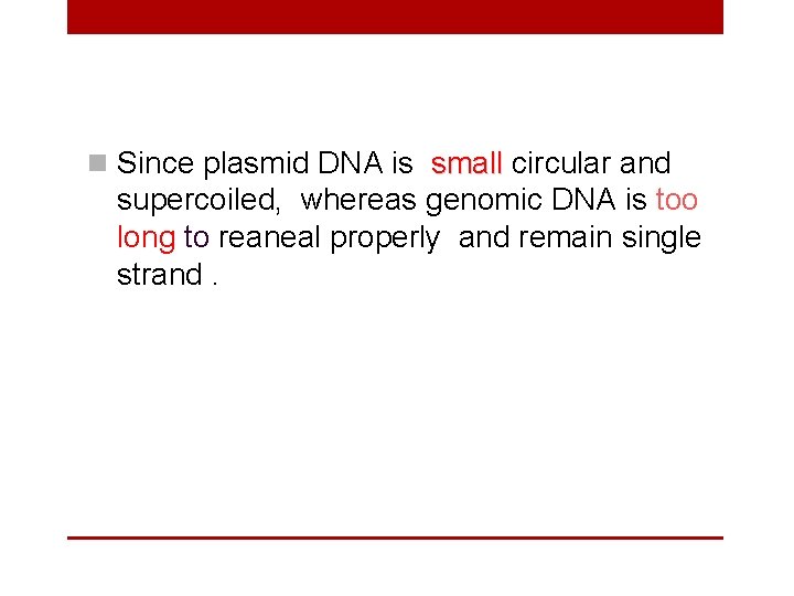 n Since plasmid DNA is small circular and supercoiled, whereas genomic DNA is too