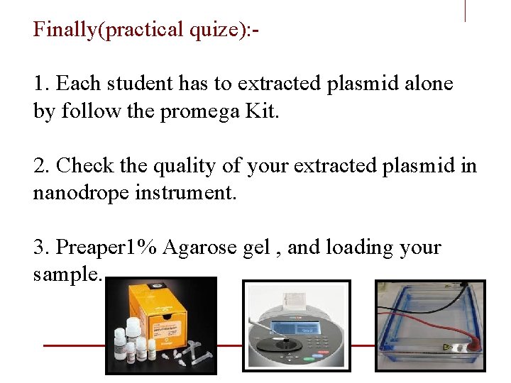 Finally(practical quize): 1. Each student has to extracted plasmid alone by follow the promega