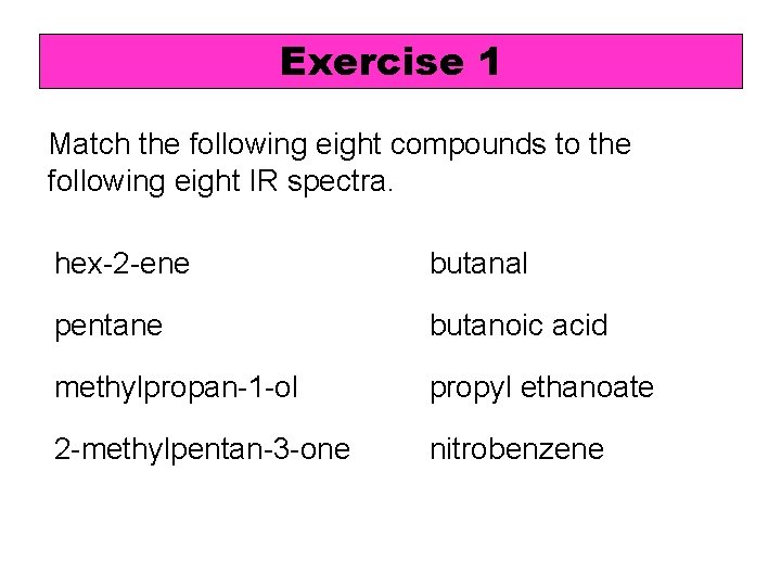 Exercise 1 Match the following eight compounds to the following eight IR spectra. hex-2