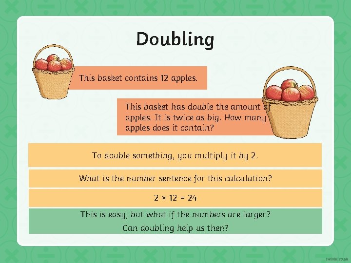 Doubling This basket contains 12 apples. This basket has double the amount of apples.