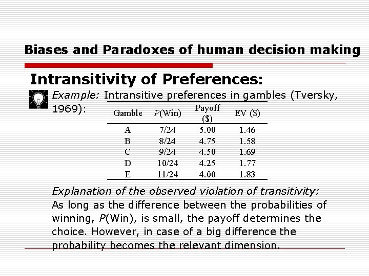 Biases and Paradoxes of human decision making Intransitivity of Preferences: Example: Intransitive preferences in