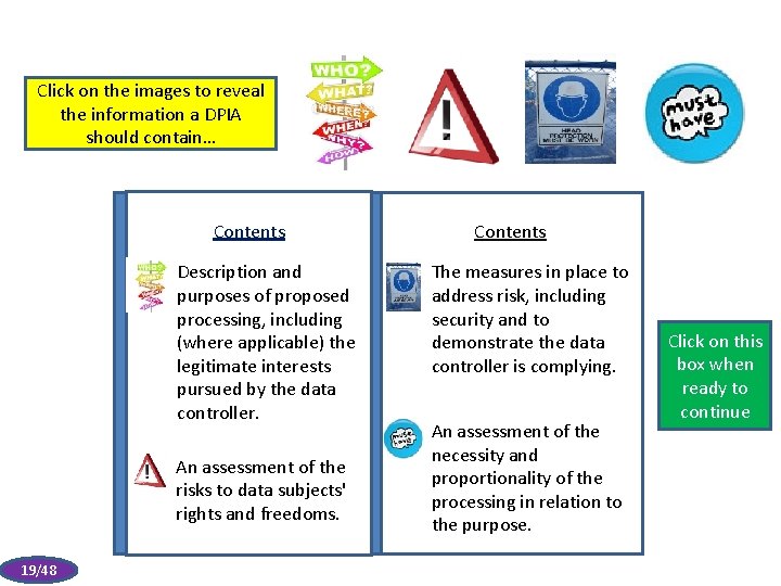 Click on the images to reveal the information a DPIA should contain… Contents Description