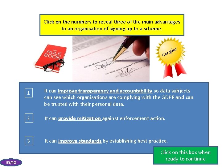 Click on the numbers to reveal three of the main advantages to an organisation