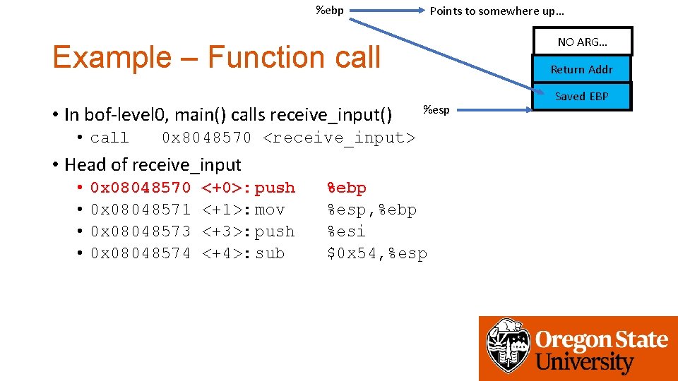 %ebp Points to somewhere up… NO ARG… Example – Function call • In bof-level