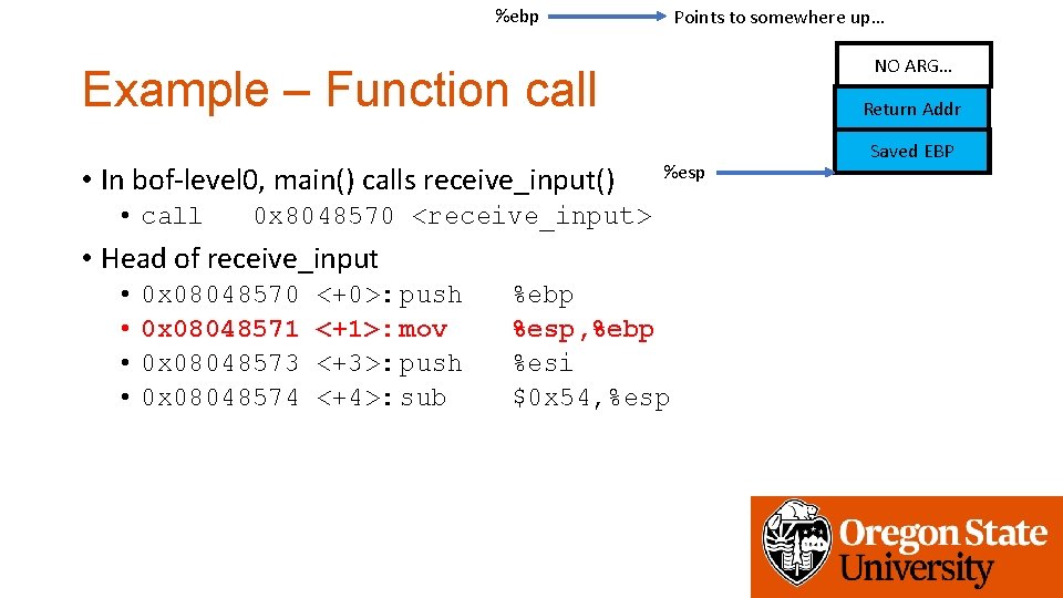 %ebp Points to somewhere up… NO ARG… Example – Function call • In bof-level