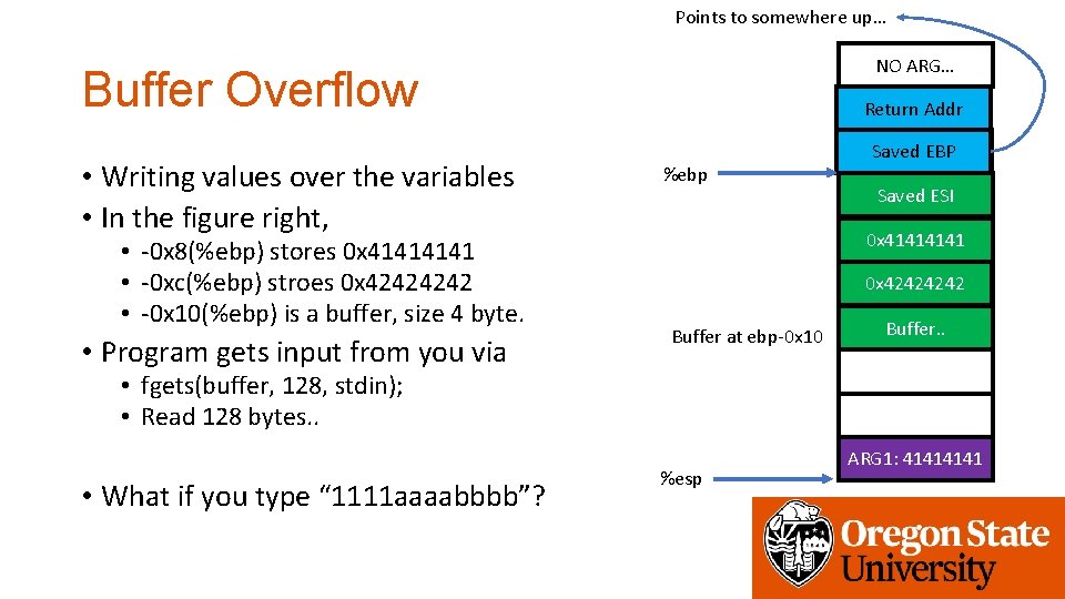 Points to somewhere up… NO ARG… Buffer Overflow • Writing values over the variables