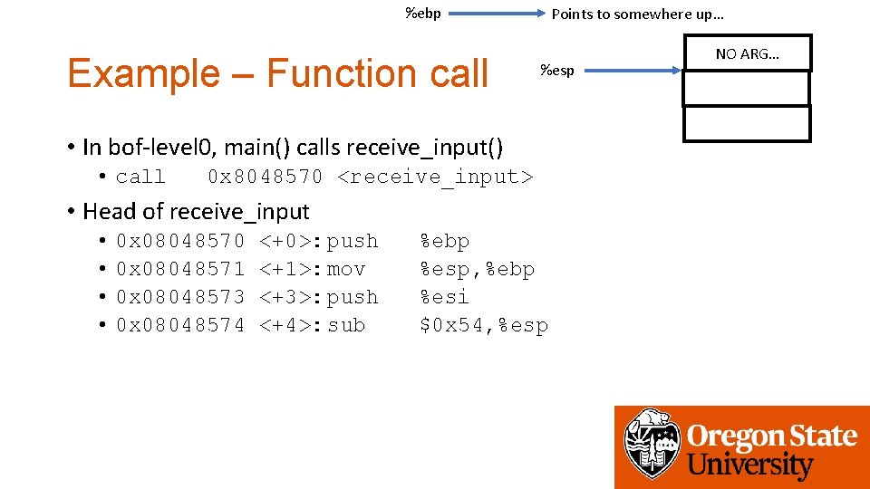 %ebp Example – Function call Points to somewhere up… %esp • In bof-level 0,