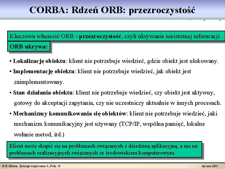 CORBA: Rdzeń ORB: przezroczystość ORB Core, transparency Kluczowa własność ORB - przezroczystość, czyli ukrywanie