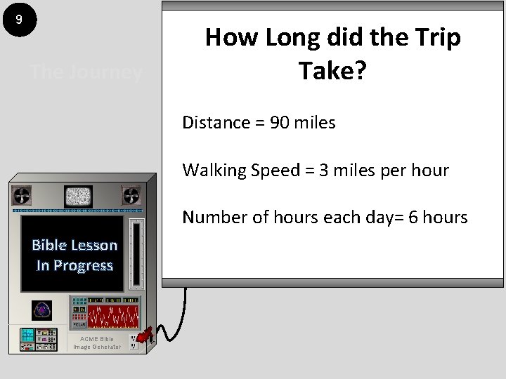 9 The Journey How Long did the Trip Take? Distance = 90 miles Walking