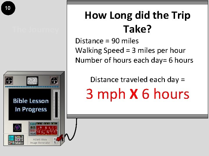 10 The Journey How Long did the Trip Take? Distance = 90 miles Walking