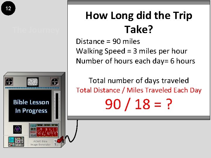 12 The Journey How Long did the Trip Take? Distance = 90 miles Walking
