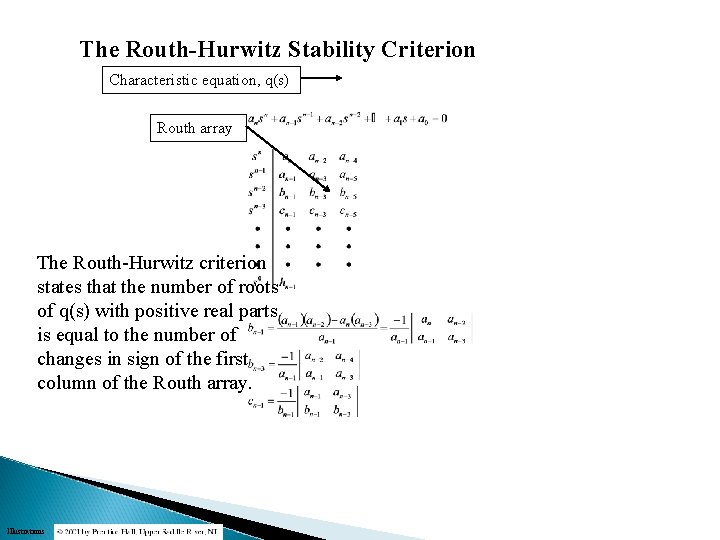 The Routh-Hurwitz Stability Criterion Characteristic equation, q(s) Routh array The Routh-Hurwitz criterion states that