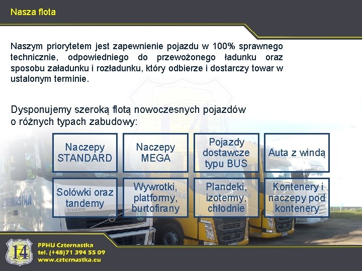 Nasza flota Naszym priorytetem jest zapewnienie pojazdu w 100% sprawnego technicznie, odpowiedniego do przewożonego