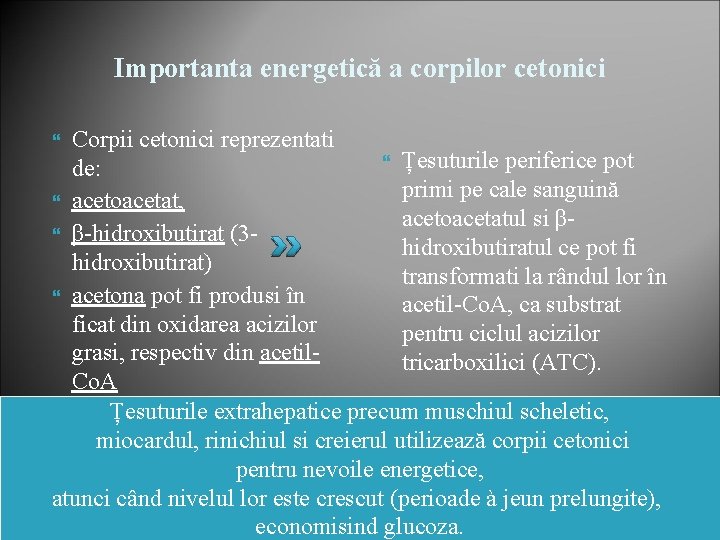 Importanta energetică a corpilor cetonici Corpii cetonici reprezentati Țesuturile periferice pot de: primi pe
