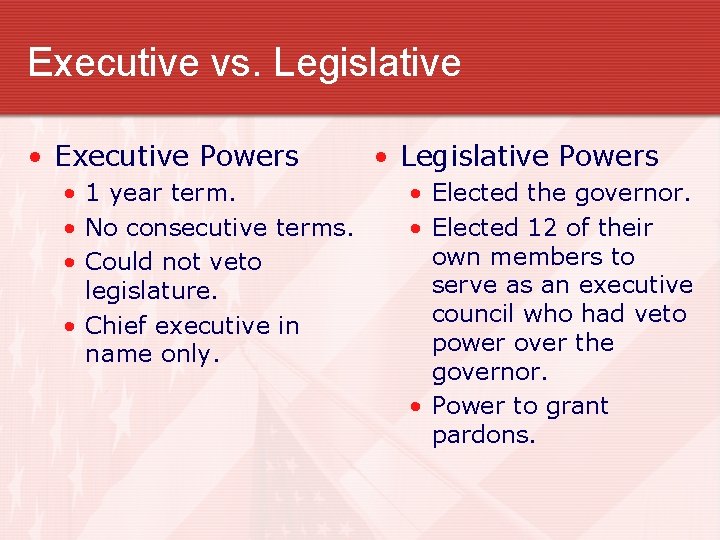 Executive vs. Legislative • Executive Powers • 1 year term. • No consecutive terms.