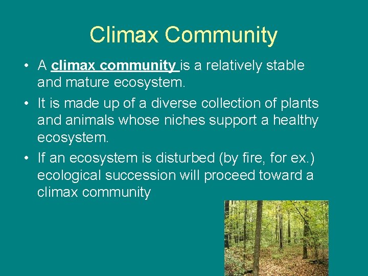 Climax Community • A climax community is a relatively stable and mature ecosystem. •
