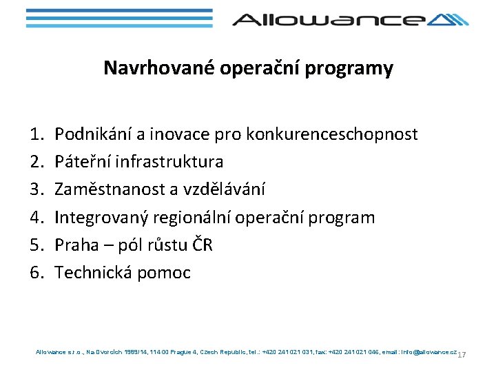 Navrhované operační programy 1. 2. 3. 4. 5. 6. Podnikání a inovace pro konkurenceschopnost