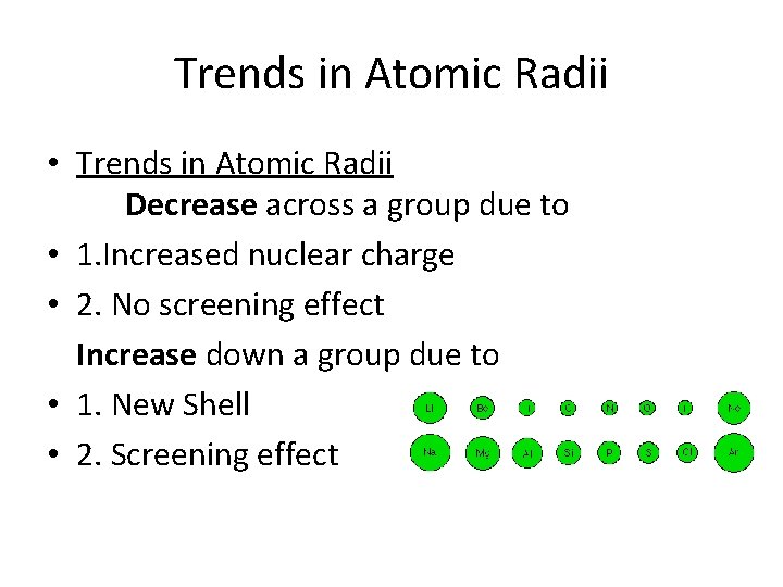 Trends in Atomic Radii • Trends in Atomic Radii Decrease across a group due