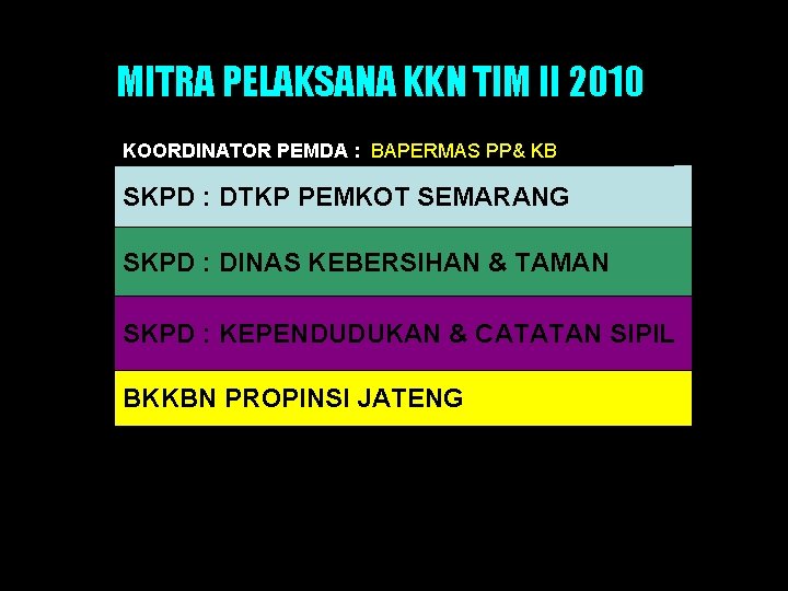MITRA PELAKSANA KKN TIM II 2010 KOORDINATOR PEMDA : BAPERMAS PP& KB SKPD :