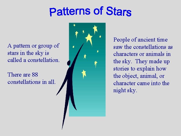 A pattern or group of stars in the sky is called a constellation. There