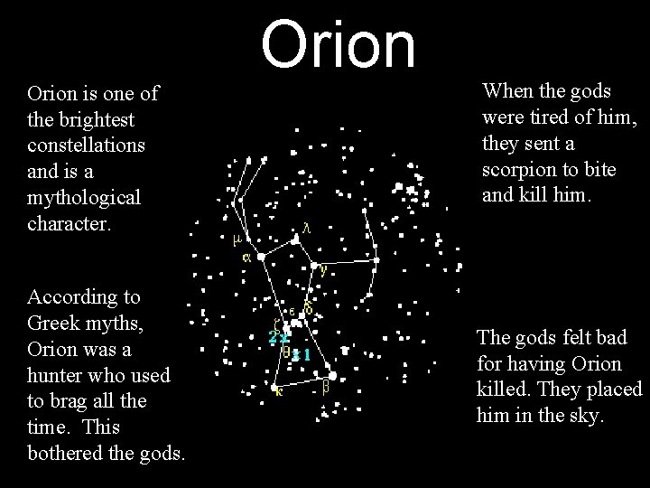 Orion is one of the brightest constellations and is a mythological character. According to