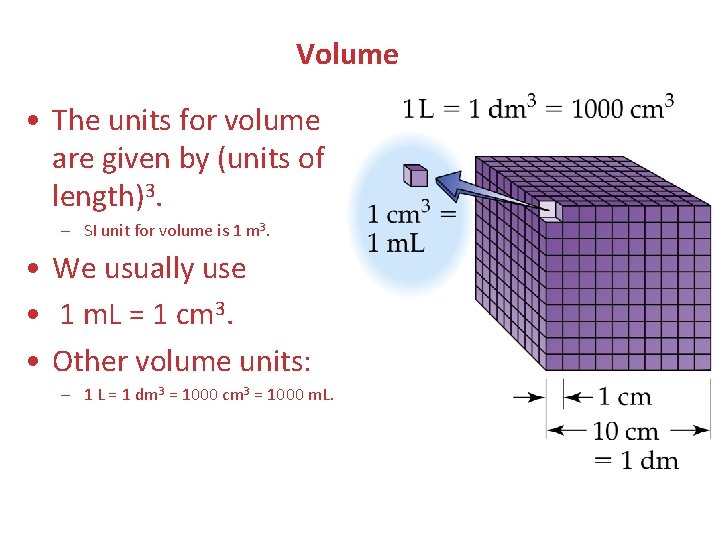 Volume • The units for volume are given by (units of length)3. – SI