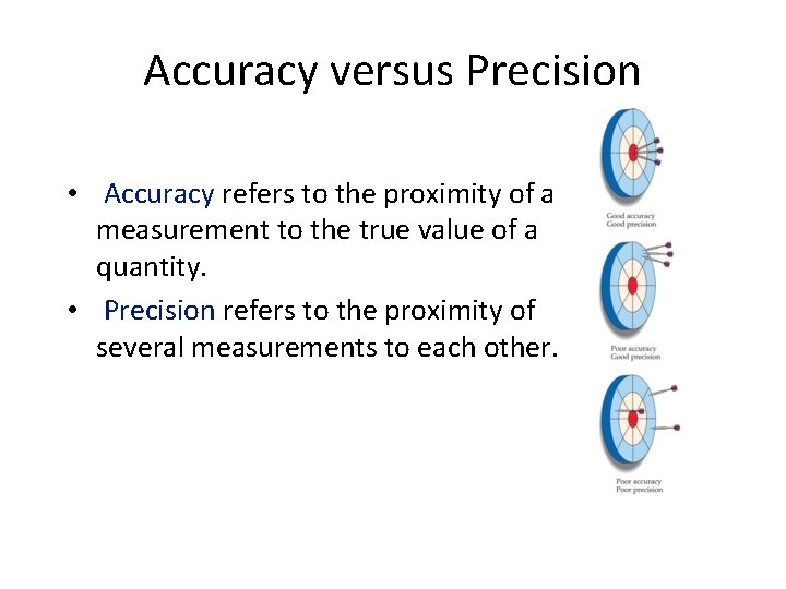 Accuracy versus Precision • Accuracy refers to the proximity of a measurement to the