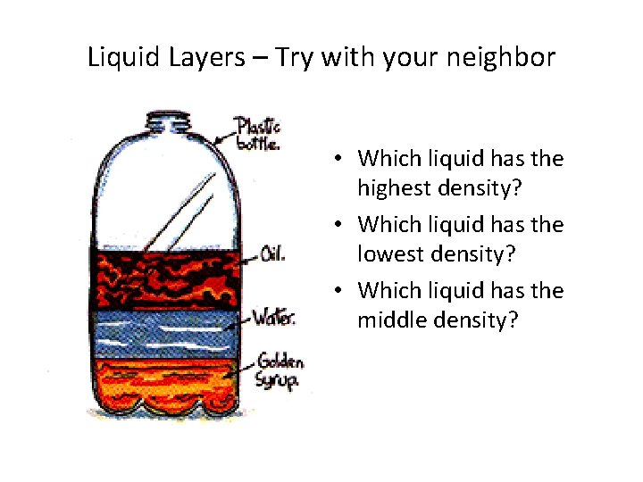 Liquid Layers – Try with your neighbor • Which liquid has the highest density?