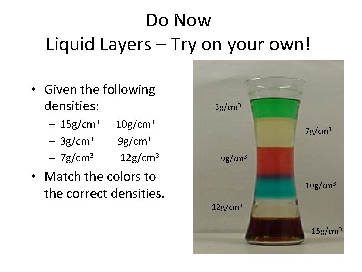 Do Now Liquid Layers – Try on your own! • Given the following densities: