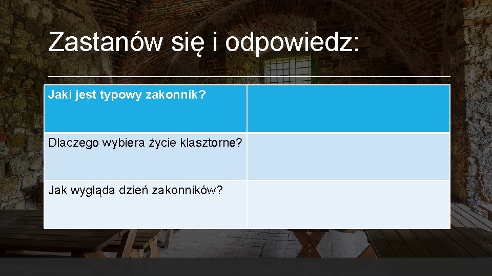 Zastanów się i odpowiedz: Jaki jest typowy zakonnik? Dlaczego wybiera życie klasztorne? Jak wygląda Zastanów się i odpowiedz: Jaki jest typowy zakonnik? Dlaczego wybiera życie klasztorne? Jak wygląda