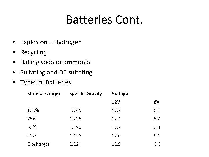 Batteries Cont. • • • Explosion – Hydrogen Recycling Baking soda or ammonia Sulfating