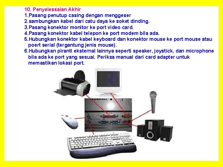 10. Penyelessaian Akhir 1. Pasang penutup casing dengan menggeser 2. sambungkan kabel dari catu