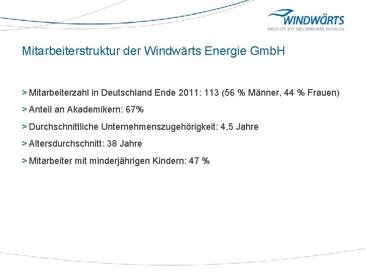 Mitarbeiterstruktur der Windwärts Energie Gmb. H > Mitarbeiterzahl in Deutschland Ende 2011: 113 (56