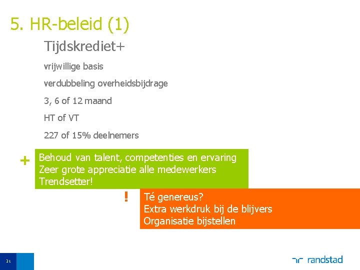 5. HR-beleid (1) Tijdskrediet+ vrijwillige basis verdubbeling overheidsbijdrage 3, 6 of 12 maand HT