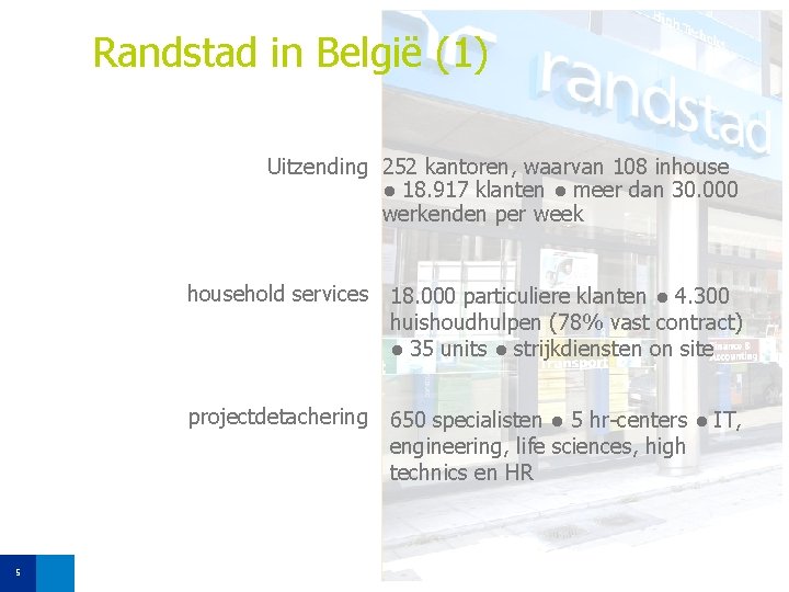 Randstad in België (1) Uitzending 252 kantoren, waarvan 108 inhouse ● 18. 917 klanten