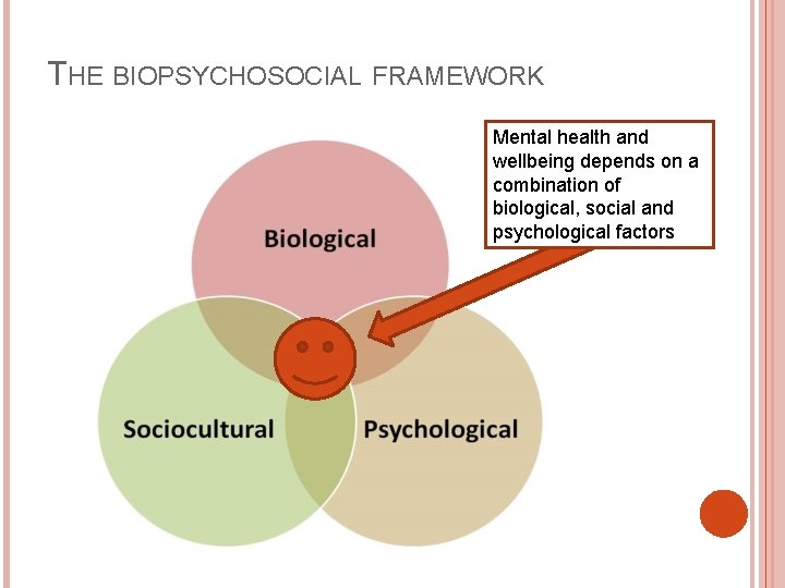 THE BIOPSYCHOSOCIAL FRAMEWORK Mental health and wellbeing depends on a combination of biological, social
