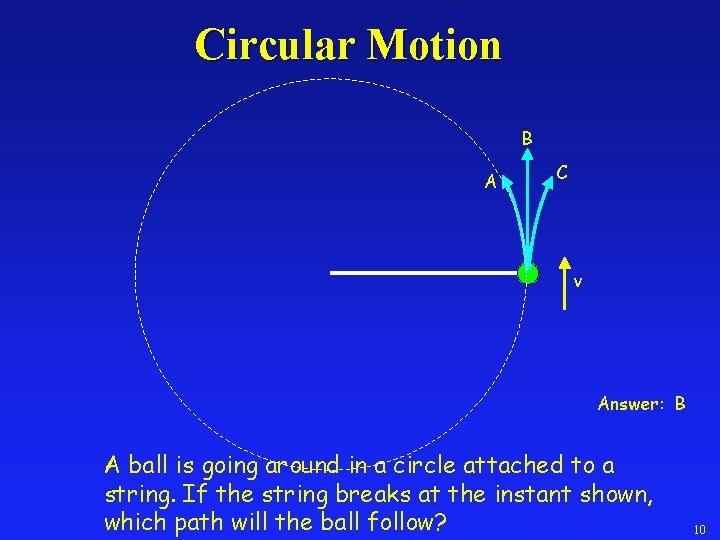 Circular Motion B A C v Answer: B A ball is going around in