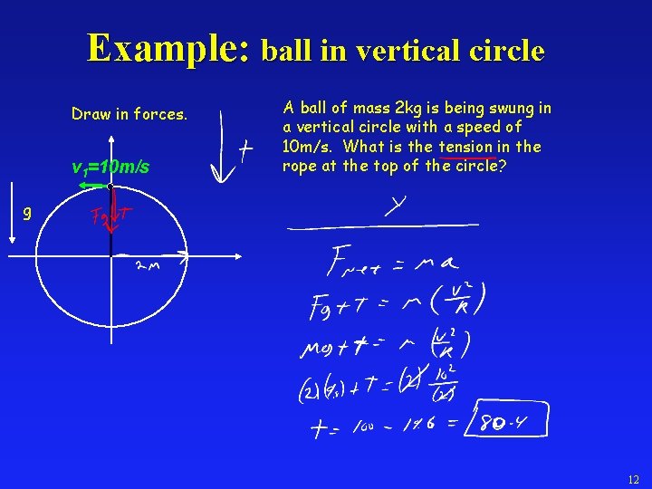 Example: ball in vertical circle Draw in forces. v 1=10 m/s A ball of