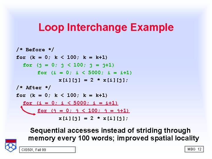 Loop Interchange Example /* Before */ for (k = 0; k < 100; k