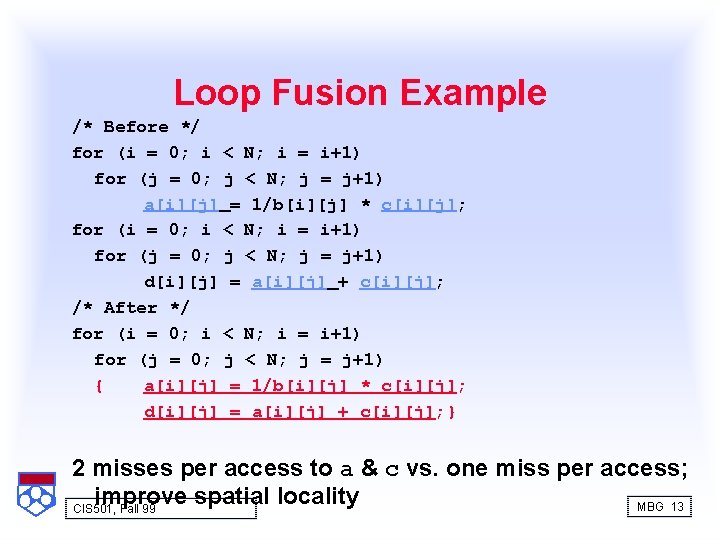 Loop Fusion Example /* Before */ for (i = 0; i < N; i