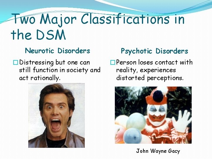 Two Major Classifications in the DSM Neurotic Disorders �Distressing but one can still function