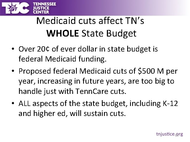 Medicaid cuts affect TN’s WHOLE State Budget • Over 20¢ of ever dollar in