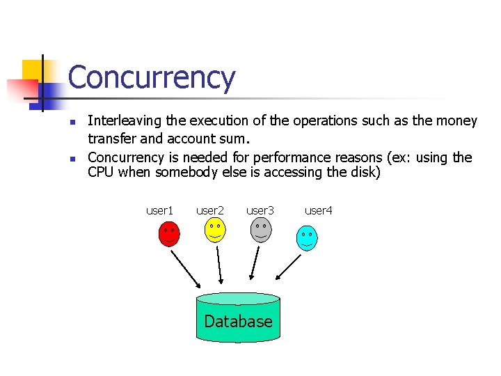 Concurrency n n Interleaving the execution of the operations such as the money transfer