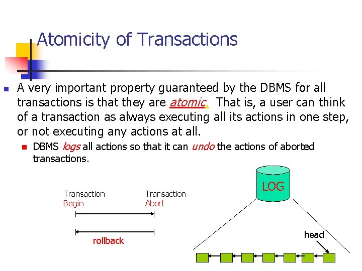 Atomicity of Transactions n A very important property guaranteed by the DBMS for all